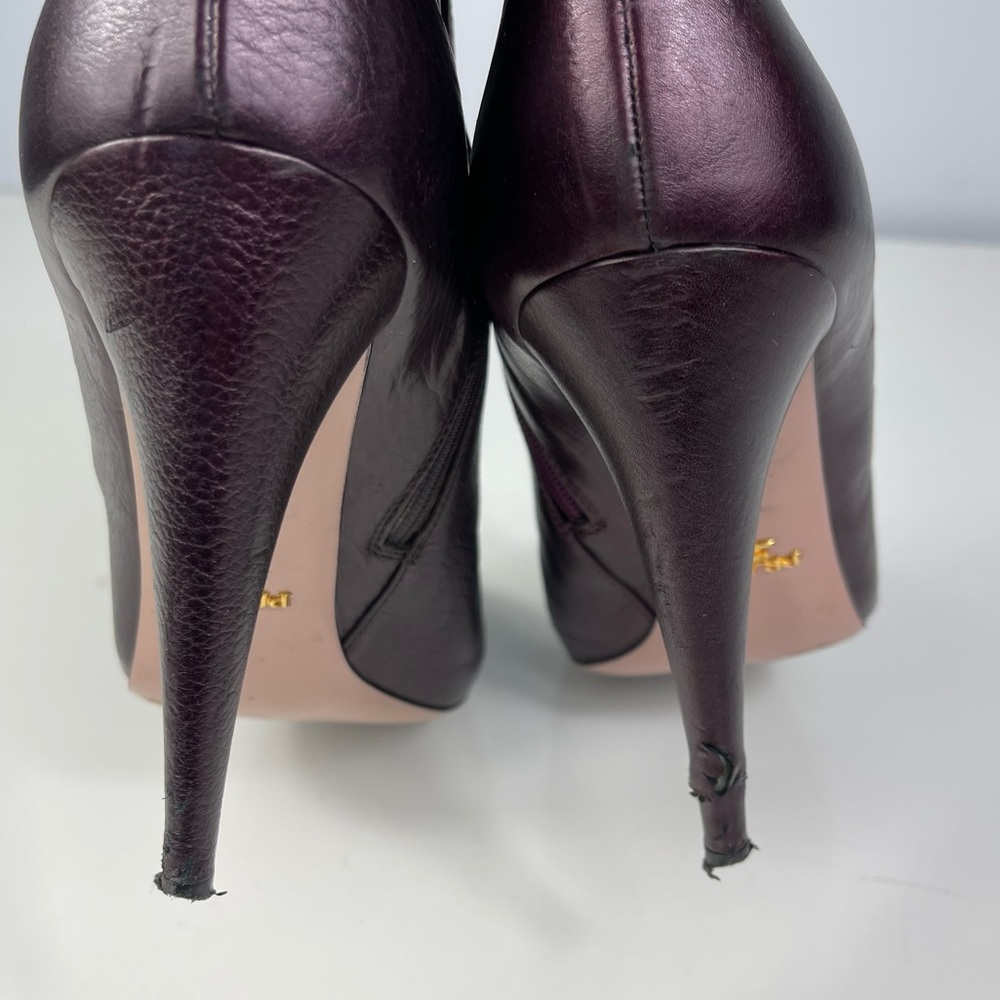 PRADA Women’s Plum Metallic Bronzed High Heel Side Zip Ankle Boots Booties 39.5 - Picture 8 of 16